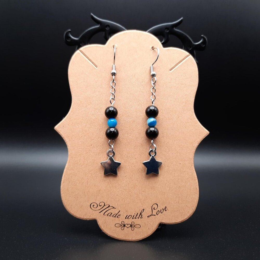 Star Celestial Black Jasper Blue Agate Chakra Gemstone Earrings Handmade Jewelry